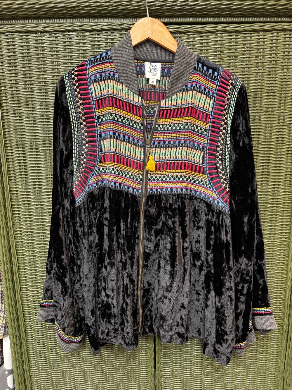 ivy jane Black Crushed Velvet Bomber with Multicolor Embroidered Yoke